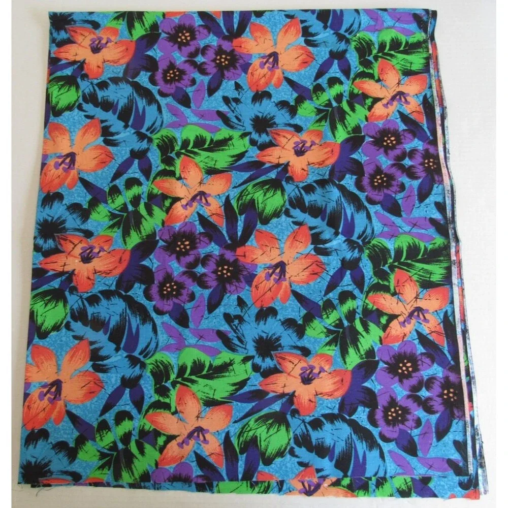 Hawaiian Tropical Print Floral Cotton Broadcloth Fabric 2.7 Yards Blue/Orange
